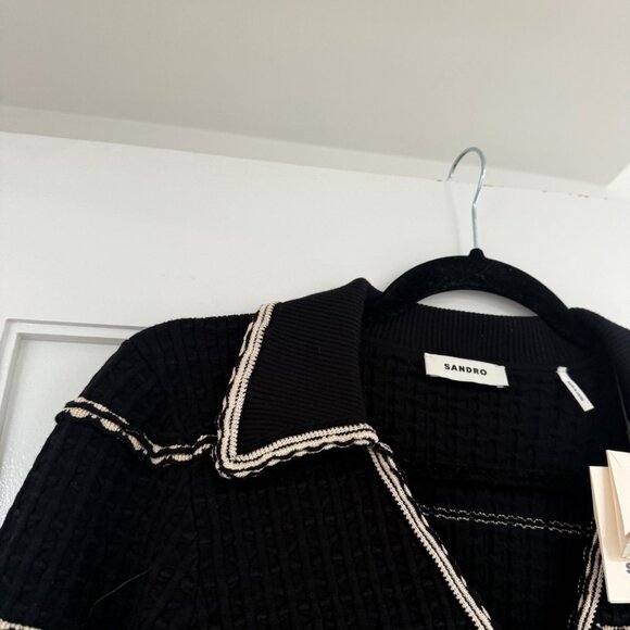NWT Sandro Andina Cropped Cardigan Sweater Black Waffle Knit Embroidered Striped - Picture 7 of 9